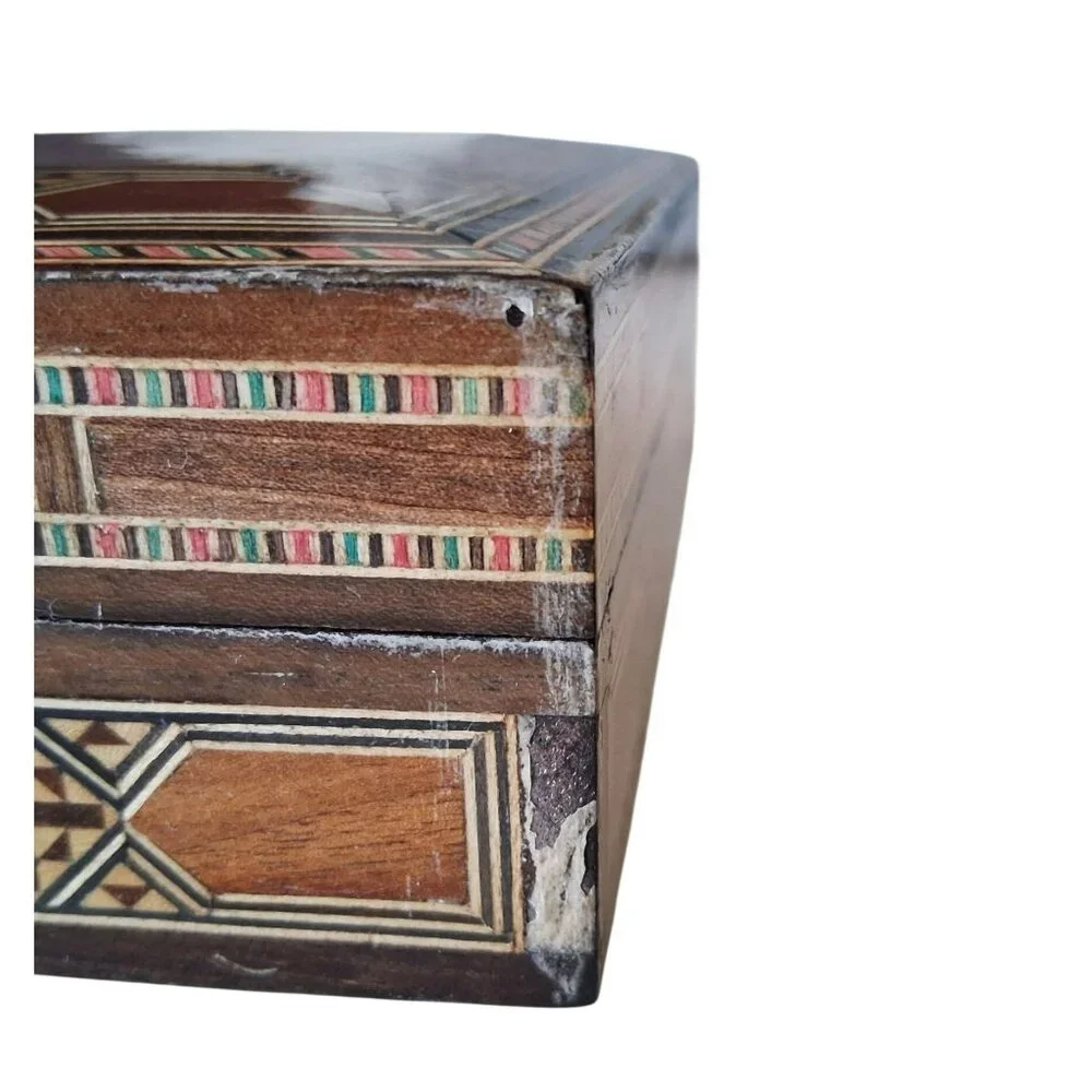 Vintage Handcrafted Wooden Inlaid Jewelry Box Mosaic Design Red Velvet Interior
